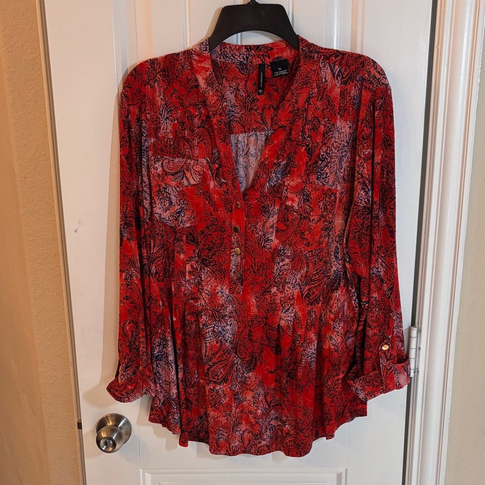 New Directions Red and Black Paisley Blouse